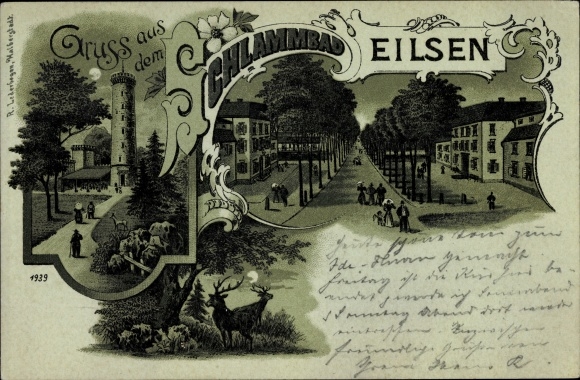 Moonlight Chromo-Litho Bad Eilsen in the district of Schaumburg, mud bath, observation tower