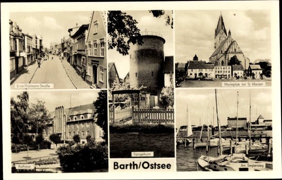 Postcard Barth on the Baltic Sea, market square with St. Marien, on the Seglersteg, Thälmannstraße, Fangelturm