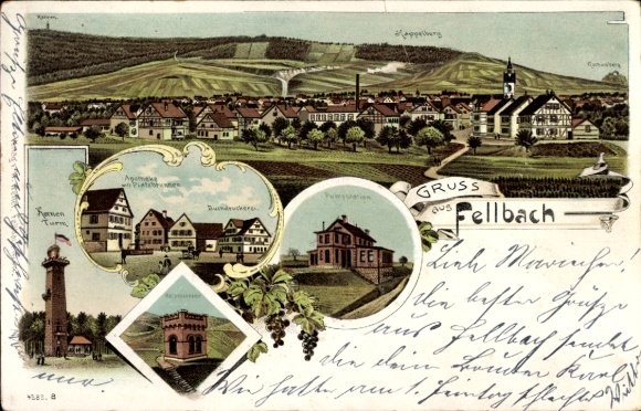 Litho Fellbach in Württemberg, Bahnhof, Gleisseite, Buchdruckerei, Kirche, Apotheke, Totalansicht