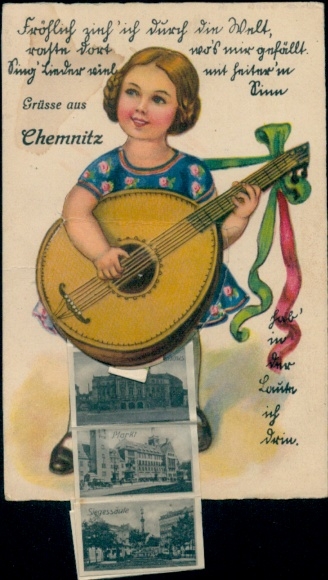 Leporello Postcard Chemnitz in Saxony, Victory Column, Market, Girl with Guitar
