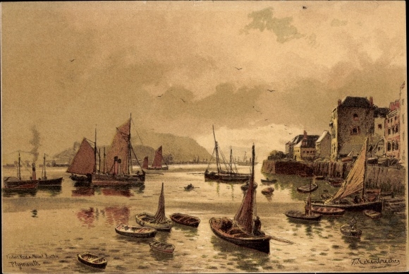 Kunstenaar Litho Corner Breaker, Plymouth Devon Engeland, Lot in Harbor