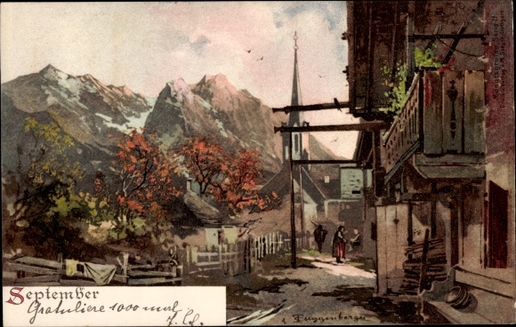 Artist Chromo-Litho Guggenberger, Thomas, Allegory, September, Village, Mountains