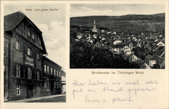 Postcard Brotterode in Thuringia, Hotel Zur guten Quelle, view of hotel, landscape
