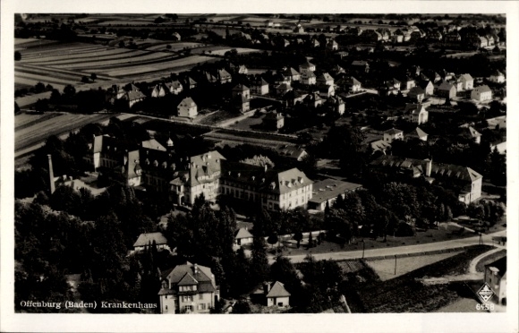 Postcard Offenburg in Baden Black Forest, aerial view of Offenburg, hospital, buildings, rural surroundings