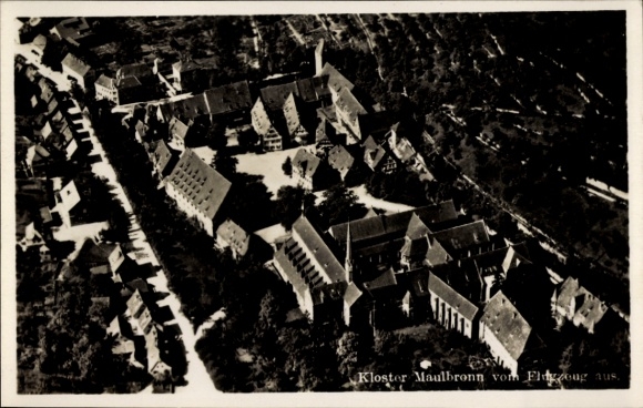 Postcard Maulbronn in the Black Forest, aerial photograph of the monastery black and white, view