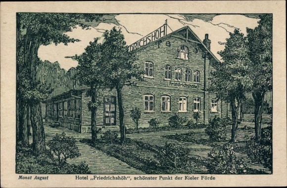 Kunstenaarskaart Heikendorf aan de Kiel Fjord, Hotel Friedrichshöh, maand augustus
