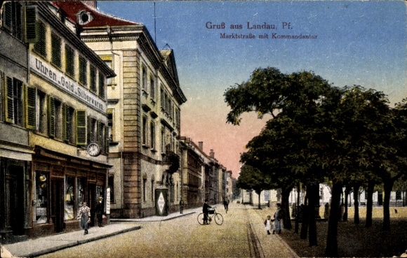 Postcard Landau in der Pfalz, Marktstraße with commandant's office