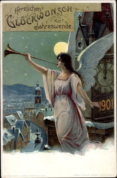Briefpapier ansichtkaart Happy New Year, jaar 1901, engel blaast de fanfare