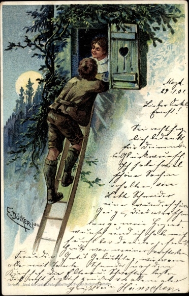 Kunstenaar litho Döcker, E., man op de ladder, ramen, geliefden, maan
