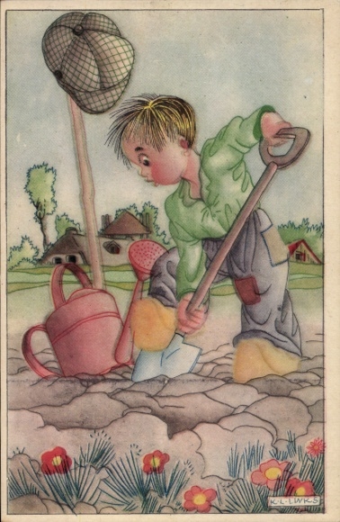 Artist Postcard Links, Karel L., Boy gardening, spade, watering can