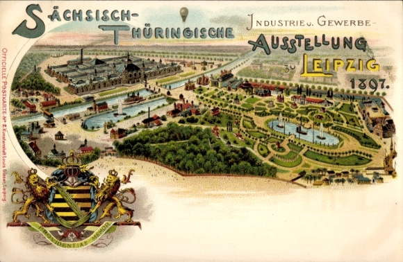 PC Leipzig, Saxon-Thuringian Industrial Exhibition 1897, colored illustration, coat of arms