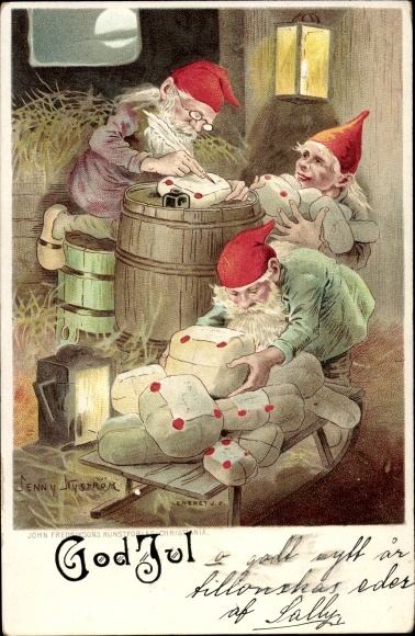 Artist Chromo-Litho Nyström, J., Happy Christmas, Gnomes, Packages, Barrel, Moonlight