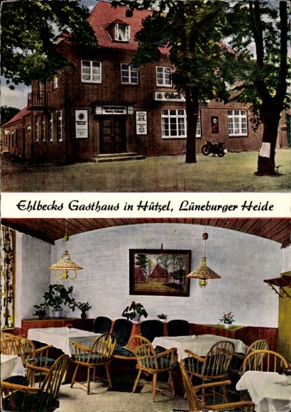 Postcard Hützel Bispingen Lüneburger Heide, Ehlbecks guest and pension house, exterior and interior view