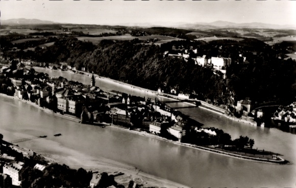 Postcard Passau in Lower Bavaria, Dreiflüßeck, city view, river landscape, old architecture