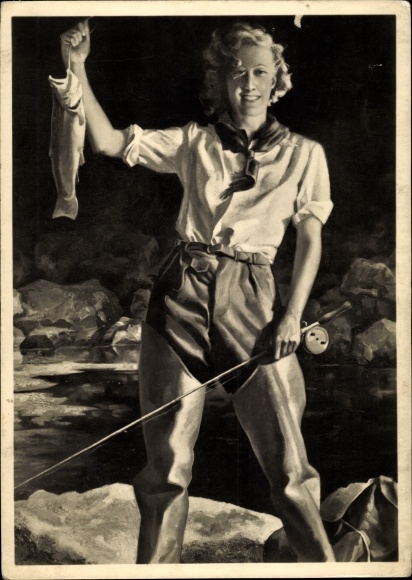 Künstler Ak Engelhard, Jul. U., Sportfischerin, Frau mit Angel und Fisch, HDK 422