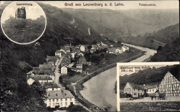 KP Laurenburg an der Lahn, widok ogólny, Gasthaus zum Schiff, właściciel Ad. Wilk, ruiny zamku