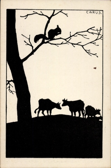 Paper cutting artist Postcard Carus, cows, squirrels