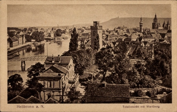 KP Heilbronn am Neckar, całkowity widok na Wartberg, rzekę, pejzaż miejski