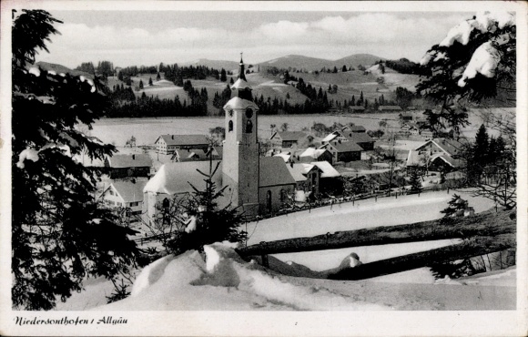 Postcard Niedersonthofen Waltenhofen in Oberallgäu, partial view, church, winter
