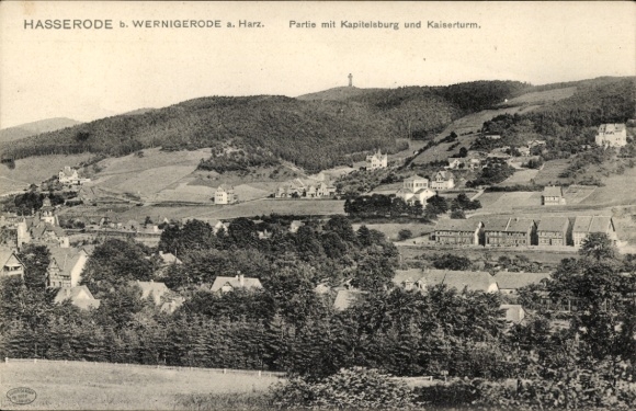 Ak Hasserode Wernigerode im Harz, Panoramaansicht, Kapitelsburg, Kaiserturm, Harz