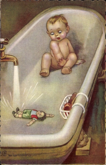 Artist PC Colombo, E., child and doll in the bathtub, faucet, bathroom