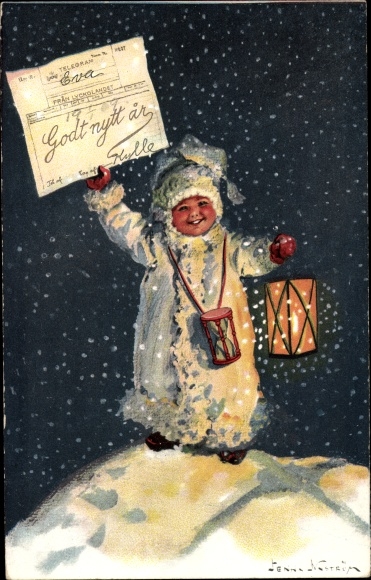 Artist PC Nyström, J., Happy New Year, child with telegram, hand lantern