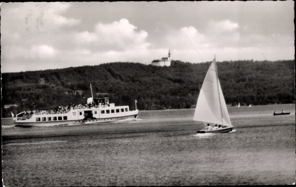 Postcard motor ship Utting on the Ammersee with Andechs Monastery, sailing boat