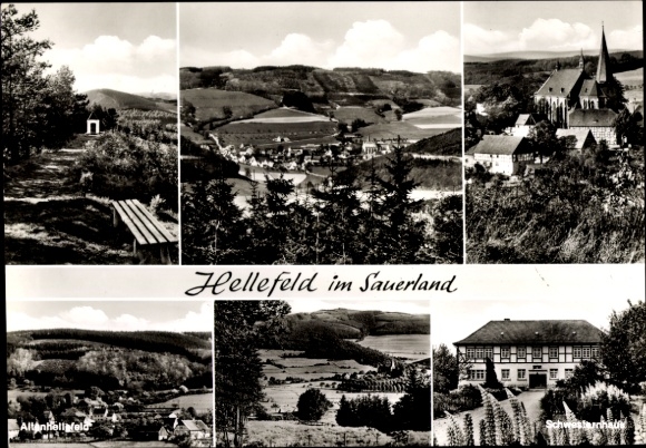 Postcard Hellefeld Sundern Sauerland, partial views, sisters' house, church