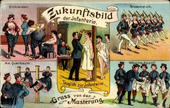 Chromo-Litho Future Image of the Infantry, Greetings from the Muster, Women in the Military