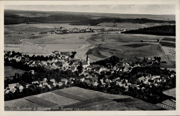 Postcard Huisheim in Swabia, aerial view of Huisheim, rural landscape,