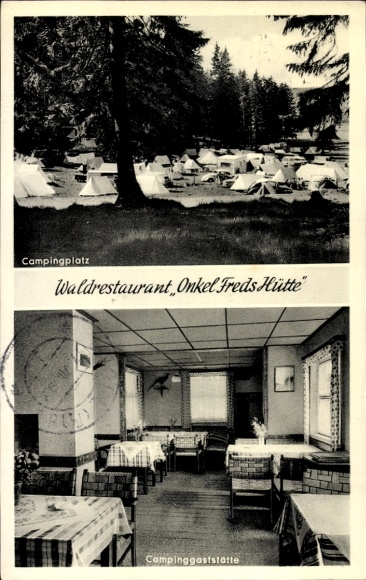 Postcard Braunlage in the Harz Mountains, forest restaurant Onkel Freds Hütte, campsite