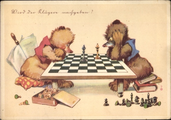 Artist Postcard Will the cleverer give in, two humanized bears play chess