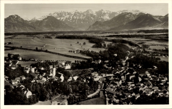 Postcard Bad Aibling in Upper Bavaria, beautiful landscape, mountains in the background, black and white photography