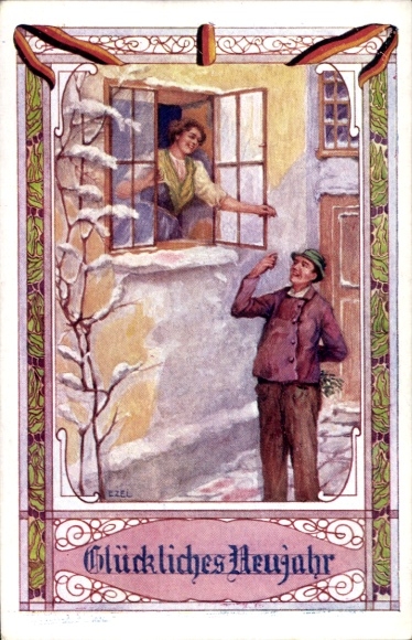 Passepartout artist Postcard Ezel, Happy New Year, Visit, Woman at the Window