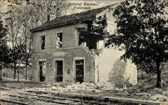 Ak Dontrien Marne, zerstörter Bahnhof, I. WK