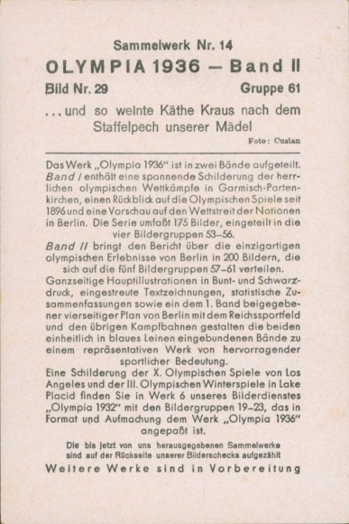 Collector's card Olympics 1936, relay runner Käthe Kraus