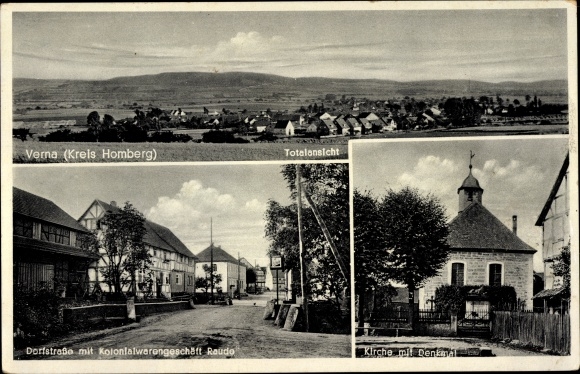 Ansichtkaart Verna Frielendorf in Hessen, panorama, kerk, monument, dorpsstraat, Raude-supermarkt