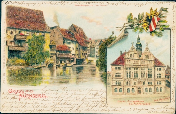 Glitter artist Chromo-Litho Spindler, Nuremberg Middle Franconia, new official building at Fünferplatz, am Sand