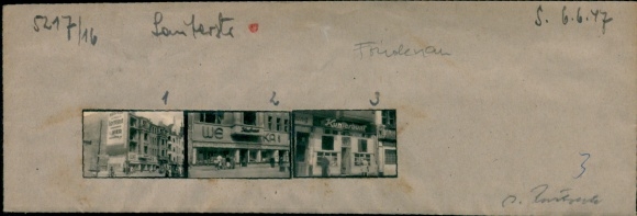 Contact print photos Berlin Friedenau, 3 photos approx. 4x2 cm, Lauterstraße, shops, war destruction