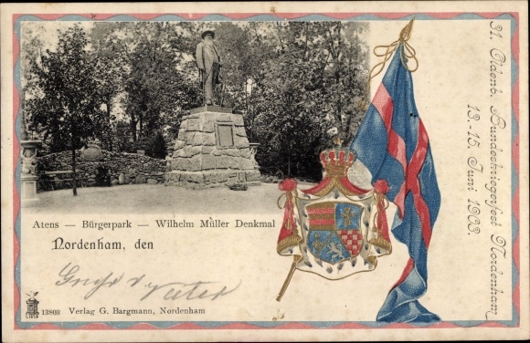 Coat of arms Postcard Nordenham in Oldenburg Lower Saxony, community park, Wilhelm Müller monument, shooting festival 1903