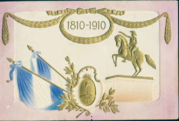Embossed PC Argentina, San Martin, monument, anniversary of the revolution 1810-1910, flags