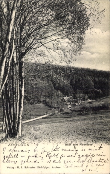 Postcard Bad Arolsen in Hesse, view of Fischhaus, landscape, trees, buildings