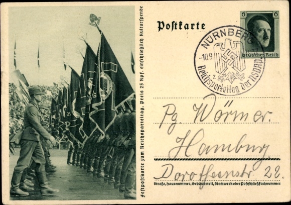 Postal stationery Postcard Nuremberg, Reich Party Rally 1937, Reich Labor Service, workers, RAD march