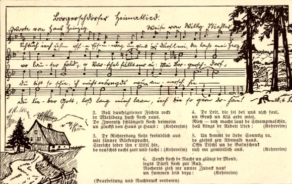 Postcard Grünhainichen Saxony, Borgerschdorfer Heimatlied, sheet music, handwritten text, rural...