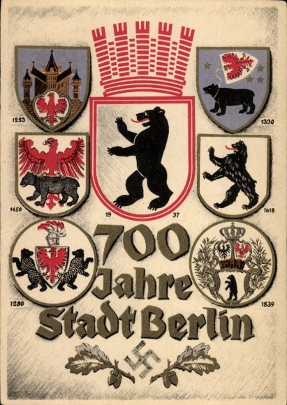 Coat of arms Postcard Berlin, 700th anniversary, city coat of arms since 1253 to 1937, Berlin bear