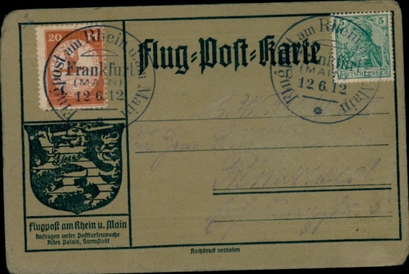 PC flight-post card, stamp Frankfurt (Main), airmail on the Rhine and Main, postal airship Schwaben