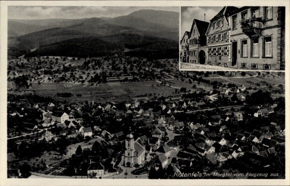 Postcard Bad Rotenfels Gaggenau in the Murg Valley, aerial photograph, Restaurant z. Ochsen