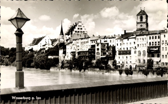 Postcard Wasserburg am Inn Upper Bavaria, city view, Inn river, architecture, clouds