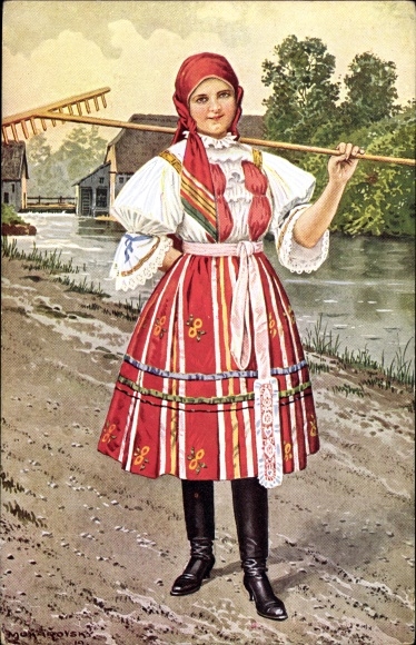 Artist Postcard Young woman in Czechoslovak folk costume