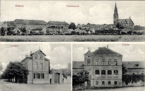 Ak Ditfurt am Harz, Totalansicht, Gutshof, Schule